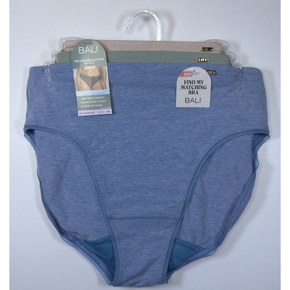 Bali Breathable Cotton Hi-Cut Panty Wicking Blue Green Tan 3 Pack DFLEH3 M/6